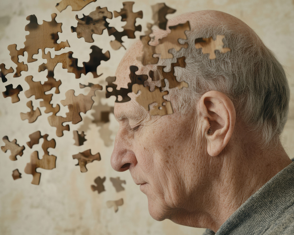 Ein älterer Mann mit einem nachdenklichen Ausdruck, aus dessen Kopf Puzzlestücke herausfallen.